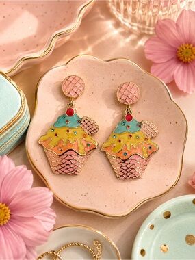 Cute Pink Ice Cream Cupcake Drop Earrings